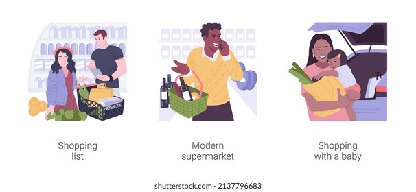 Grocery Store Isolated Cartoon Vector Illustrations Set. Couple Buying Food In Modern Supermarket, Reading Shopping List, Young Mother Shopping For Groceries, Baby Sitting In Cart Vector Cartoon.