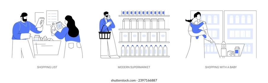 Grocery store isolated cartoon vector illustrations set. Couple buying food in modern supermarket, reading shopping list, young mother shopping for groceries, baby sitting in cart vector cartoon.