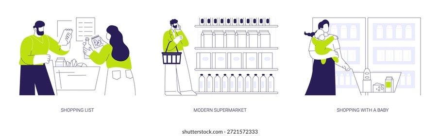 Conjunto de Ilustraciones vectoriales de dibujos animados aislados de la tienda de comestibles. Pareja comprando comida en un supermercado moderno, leyendo una lista de compras, madre joven comprando comestibles, bebé sentado en una caricatura de Vector de Carrito.
