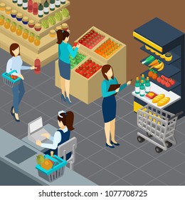 Grocery store isometric background with food products on counters buyers and working staff vector illustration