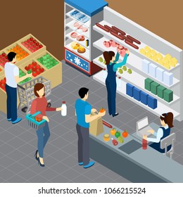 Grocery store isometric composition with visitors cashier and shelves with groceries products vector illustration  