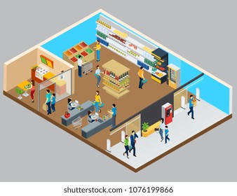 Grocery store isometric design concept with shelves filled by products cafe room buyers and cashiers vector illustration 