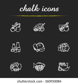 Grocery store items chalk icons set. Everyday products. Meat, fish, bread, spices and sweets symbols. Supermarket food categories. White illustrations on blackboard. Vector chalkboard logo concepts