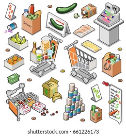 Grocery store items collection including food in paper bags, cans, money and store equipment such as cash register, shopping cart, grocery list, displays and signs (isometric vector set)