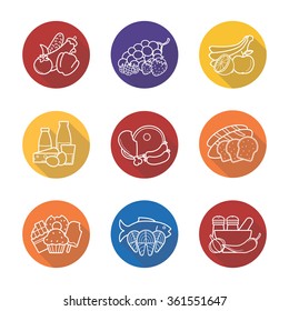 Grocery store items flat linear long shadow icons set. Raw meat, fish, bread, spices, fruits and sweets symbols. Supermarket products categories.  Outline logo concepts. Vector line art illustrations