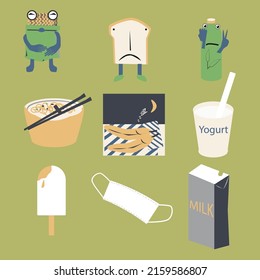 The grocery store items with olive green background. 