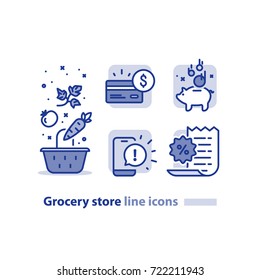 Grocery store line icons, basket and vegetables, earn reward points, loyalty program, cash back card, bonus coupon, phone message notifications, shopping vector illustration