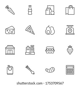 Grocery store line icons set, outline vector symbol collection, linear style pictogram pack. Signs, logo illustration. Set includes icons as shopping bag, dairy, vegetable, drinks, vegetable, juice