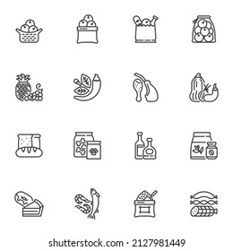 Juego de iconos de línea de tienda de comestibles, colección de símbolos de vector de contorno, paquete de pictogramas de estilo lineal. Señales, ilustración del logotipo. El juego incluye íconos como mariscos, frutas y verduras, bebidas, panadería, salchichas