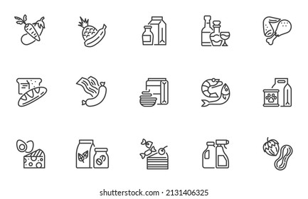 Juego de iconos de línea de tienda de comestibles. colección de símbolos de estilo lineal, paquete de signos de contorno. Gráficos vectoriales del departamento de compras. El conjunto incluye íconos como frutas y verduras, productos lácteos y bebidas alcohólicas