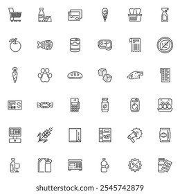 Grocery store line icons set. linear style symbols collection, outline signs pack. Supermarket departament vector graphics. Set includes icons as vegetables, fruits, fish, meat, dairy products, drinks