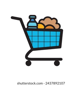 Grocery store logo design template with shopping basket full of various products.