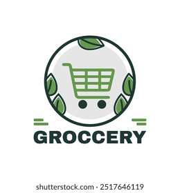 The grocery store logo features a minimalistic green shopping cart surrounded by leaves, symbolizing sustainability and environmentally-conscious retail. The design incorporates clean, modern lines