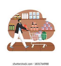 Grocery store. Man with trolly full of food products, flat vector illustration. Grocery shop interior. Milk, oil, fruit, canned food on shelves. Shopper with shopping cart in supermarket, mall, grocer