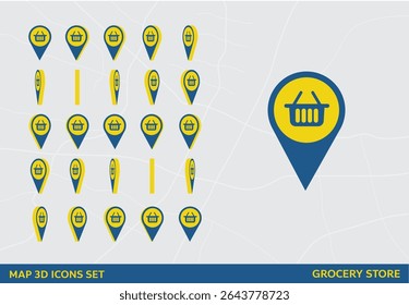 Grocery Store Maps 3D Icon Set Rotation Sign Vector Illustration