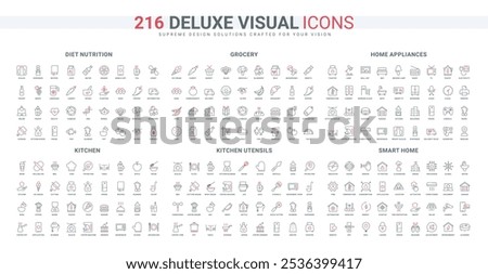 Grocery store menu and delivery, smart home technology and services for house line icon set. Electrical appliances and kitchen utensils, diet thin black and red outline symbols vector illustration