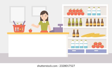 Grocery store modern vector. A female character is a cashier in a supermarket. 