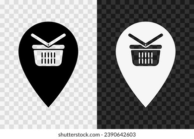 Grocery store on the map, silhouette icon, vector glyph sign. Shopping cart symbol isolated on dark and light transparent backgrounds.