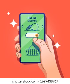 Tienda de comestibles en la pantalla del smartphone. La pantalla de la mano contiene los dedos y el smartphone. Ilustración moderna de diseño plano. Concepto de ilustración vectorial plana para página de inicio web, banner, medios sociales.