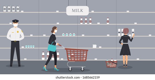 Grocery store is open during epidemic of virus. Security guard in protective medical mask and customer selects milk and other products on half-empty shelves in dairy department.Vector illustration