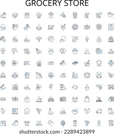 Grocery store outline icons collection. Grocery, Store, Supermarket, Foods, Produce, Fruits, Vegetables vector illustration set. Beverages, Dairy, Meats linear signs