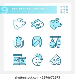 Grocery store pixel perfect blue RGB color icons set. Food market. Retail business. Meat and poultry. Isolated vector illustrations. Simple filled line drawings collection. Editable stroke
