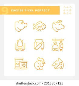 Guarda de la abarrotación de píxeles perfectos gradiente de los iconos de los vectores lineales. Mercado de alimentos. Comercio minorista. Carne y aves de corral. El símbolo de contorno delgado diseña el paquete. Colección de ilustraciones de esquema aisladas