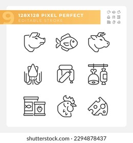 Grocery store pixel perfect linear icons set. Food market. Retail business. Meat and poultry. Customizable thin line symbols. Isolated vector outline illustrations. Editable stroke