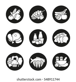 Grocery store product categories icons set. Vegetables, fruit, berries, meat, dairy and grain products, confectionery, seafood, spices. Vector white silhouettes illustrations in black circles