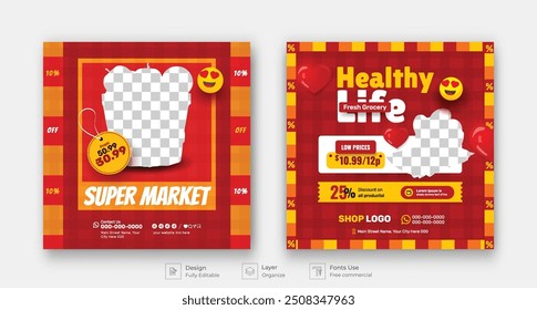 Modelo de postagem de mídia social da promoção de produtos da Loja de Produtos. Banner de supermercado com descontos. Banner de layout minimalista para produto de supermercado