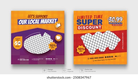 Grocery Store product promotion social media post template. Supermarket banner with discounts. Minimalist layout banner for supermarket product