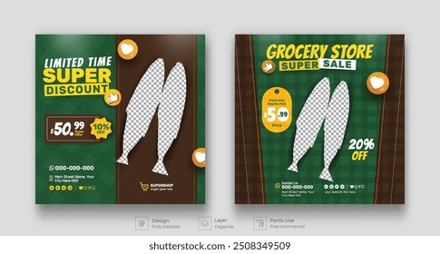 Modelo de postagem de mídia social da promoção de produtos da Loja de Produtos. Banner de supermercado com descontos. Banner de layout minimalista para produto de supermercado