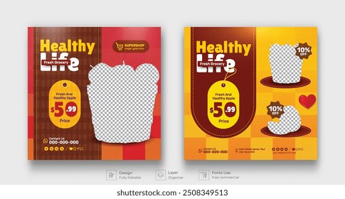 Grocery Store product promotion social media post template. Supermarket banner with discounts. Minimalist layout banner for supermarket product
