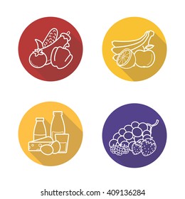Grocery store products categories. Flat linear long shadow icons set. Vegetables, fruit, berries and dairy products. Vector line symbols