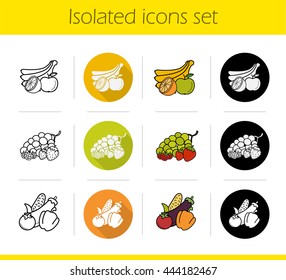 Grocery store products categories icons set. Flat design, linear, black and color styles. Fruit, vegetables and berries. Isolated vector illustrations