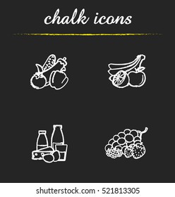 Grocery store products chalk icons set. Fruit, vegetables, berries, dairy. Isolated vector chalkboard illustrations