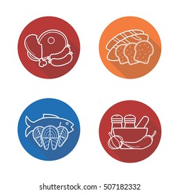 Grocery store products flat linear long shadow icons set. Food categories. Meat, grains. spices, seafood. Vector line illustration