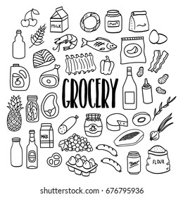 Grocery store products hand drawn doodle icons. Food and drink.