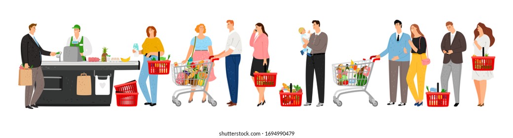 Grocery Store Queue. Man Pay Credit Card On Cash Box. People With Shopping Carts With Food In Long Waiting Line Vector Illustration