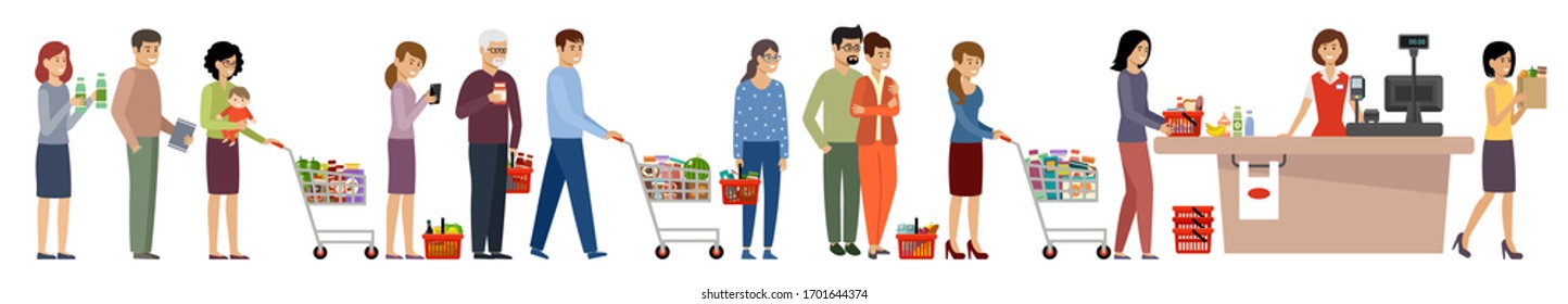 Cola de tienda de comestibles. Gente con carritos de compras y cesta con comida. Ilustración plana del vector