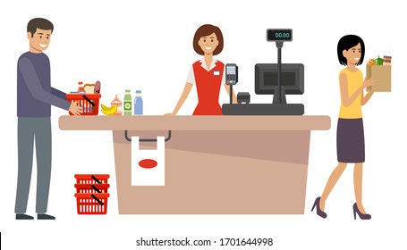 Cola de tienda de comestibles. Gente con carritos de compras y cesta con comida. Ilustración plana del vector