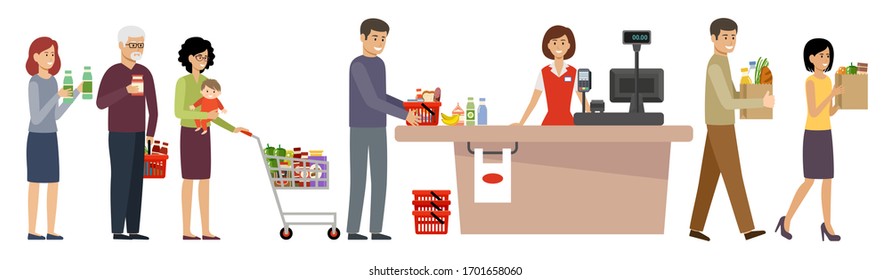 Grocery store queue. People with shopping carts and basket with food. Vector flat illustration