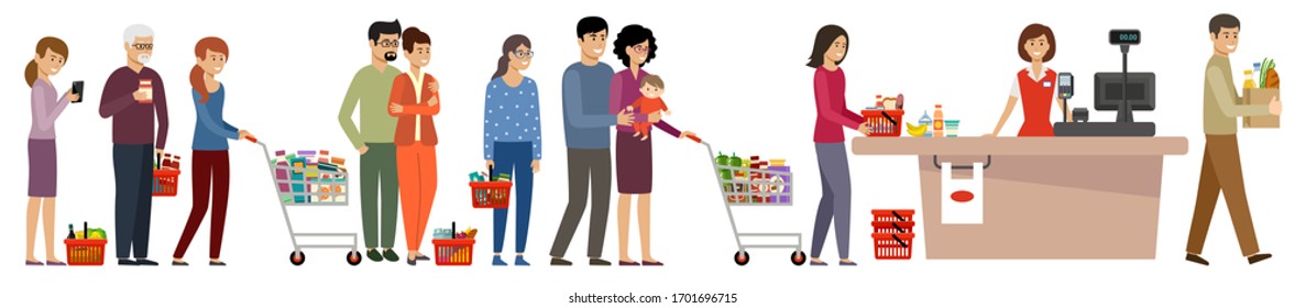 Grocery store queue. People with shopping carts and basket with food. Vector flat illustration