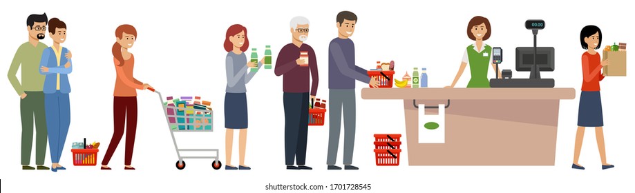 Cola de tienda de comestibles. Gente con carritos de compras y cesta con comida. Ilustración plana del vector