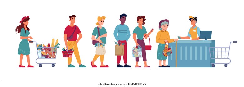 Grocery Store Queue Of People Supermarket With Products In Hands To Cashier. Vector Isolated Flat People Waiting In Line To Counter Check With Food In Paper Bags And Shopping Carts Man And Old Woman