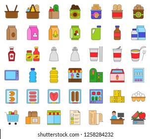 Grocery store related vector icon set, filled design editable outline