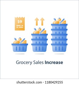 Grocery Store Sales Improvement, Retail Revenue Growth, Food Market Development, Full Grocery Basket, Supply And Demand, Consumption Increase, Vector Icon, Flat Illustration