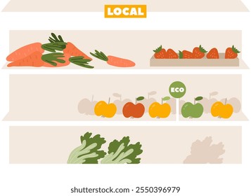 Estante de la tienda de comestibles con verduras locales Ilustración vectorial