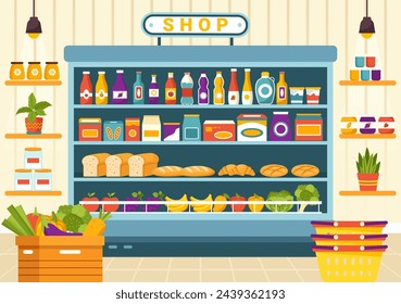 Grocery Store Shelf Vector Illustration with Foods Items and Products Assortiment on the Supermarket for Shopping Daily Needs in Flat Background