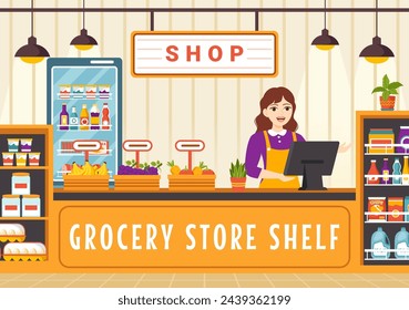 Grocery Store Shelf Vector Illustration with Foods Items and Products Assortiment on the Supermarket for Shopping Daily Needs in Flat Background